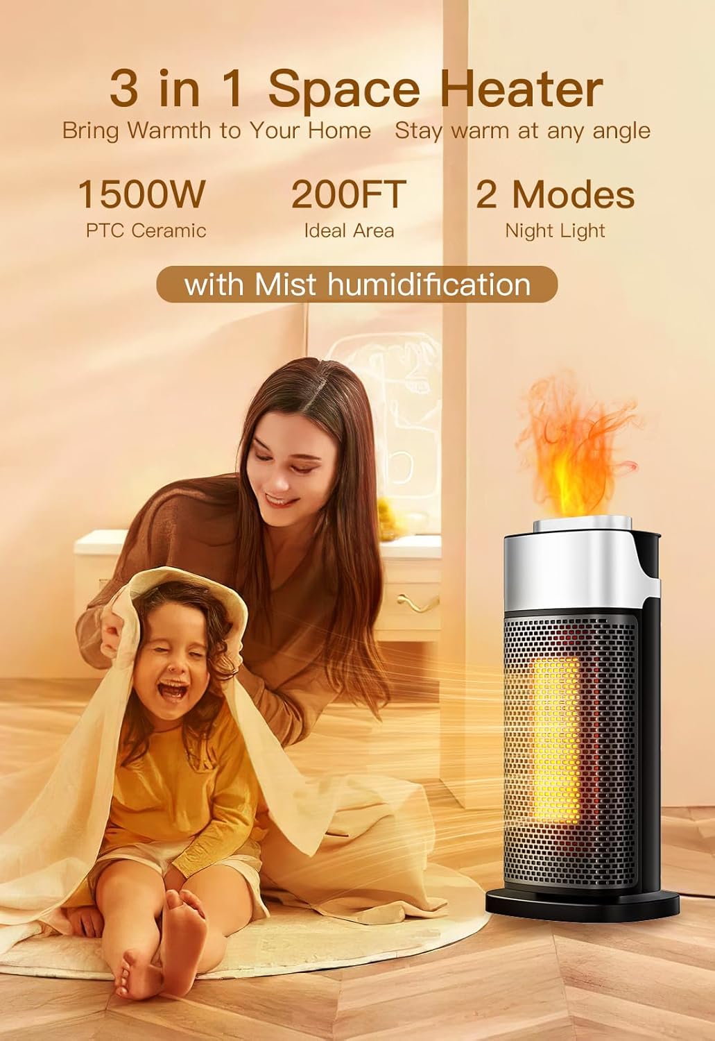 Staholz 3-in-1 Space Heater with Mist Humidification - 1500W PTC Ceramic Heater for 200 sq ft, Night Light, and Dual Modes for Warmth and Comfort